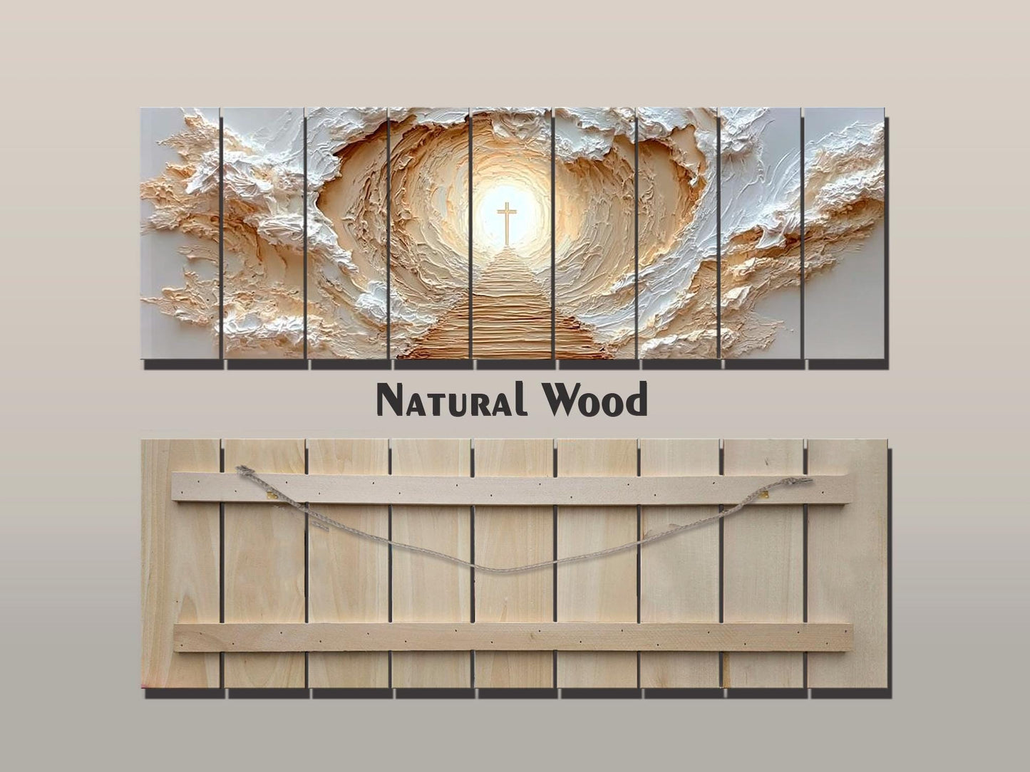 Path to Glowing Cross Print on Natural Wood, Christian Wall Art