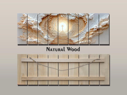 Path to Glowing Cross Print on Natural Wood, Christian Wall Art