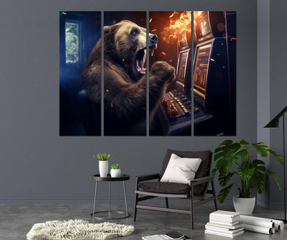 Casino Wall Art – Funny Bear Playing Slot Machines Framed Canvas Print