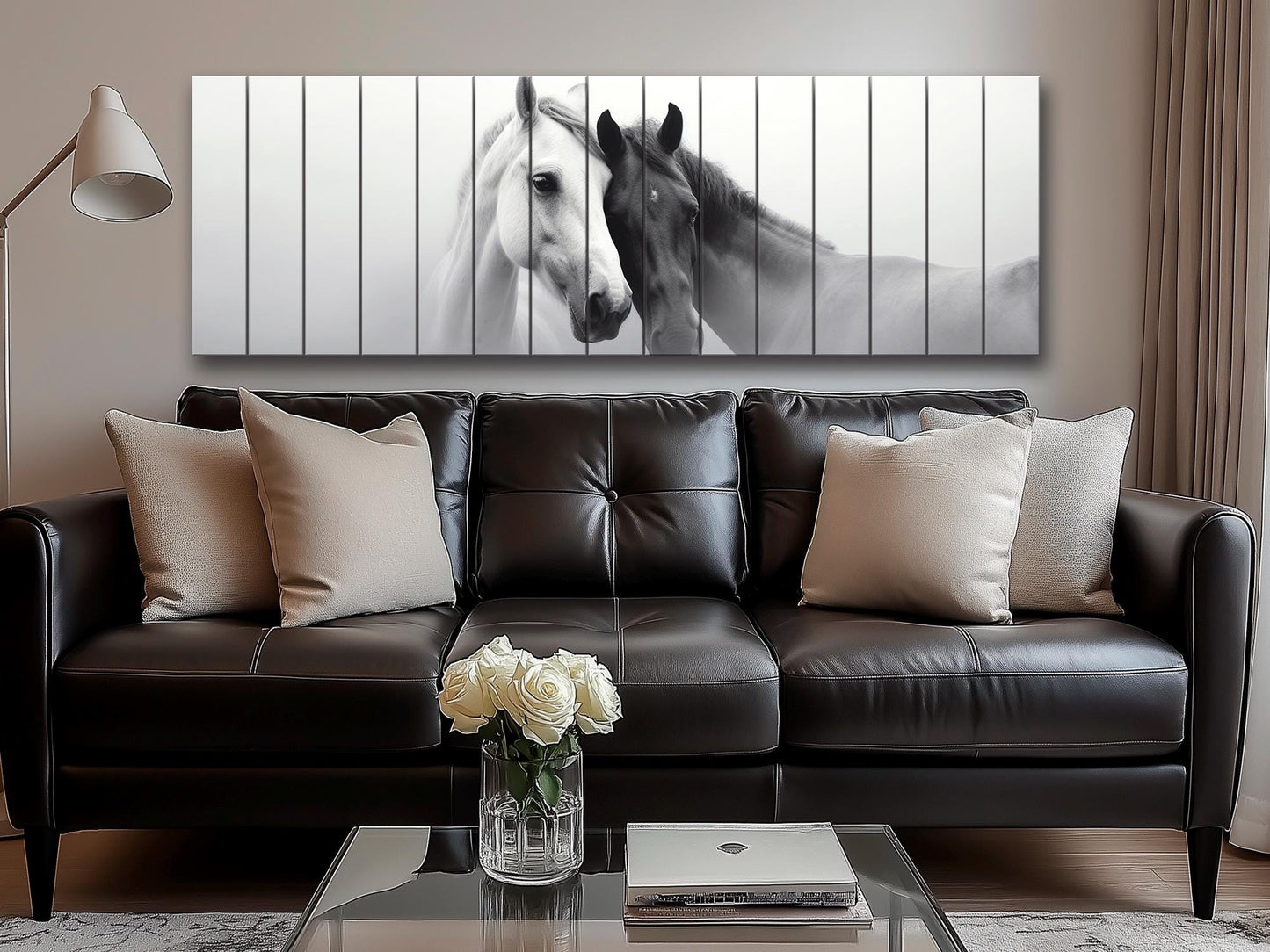 Wooden Wall Art – Black and White Horses Couple Print on Natural Wood Planks