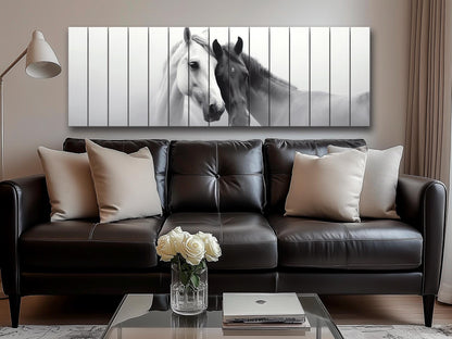 Wooden Wall Art – Black and White Horses Couple Print on Natural Wood Planks