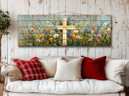Christian Wood Wall Art – Rustic Cross Painting | Handcrafted Wildflower Wood Plank Artwork