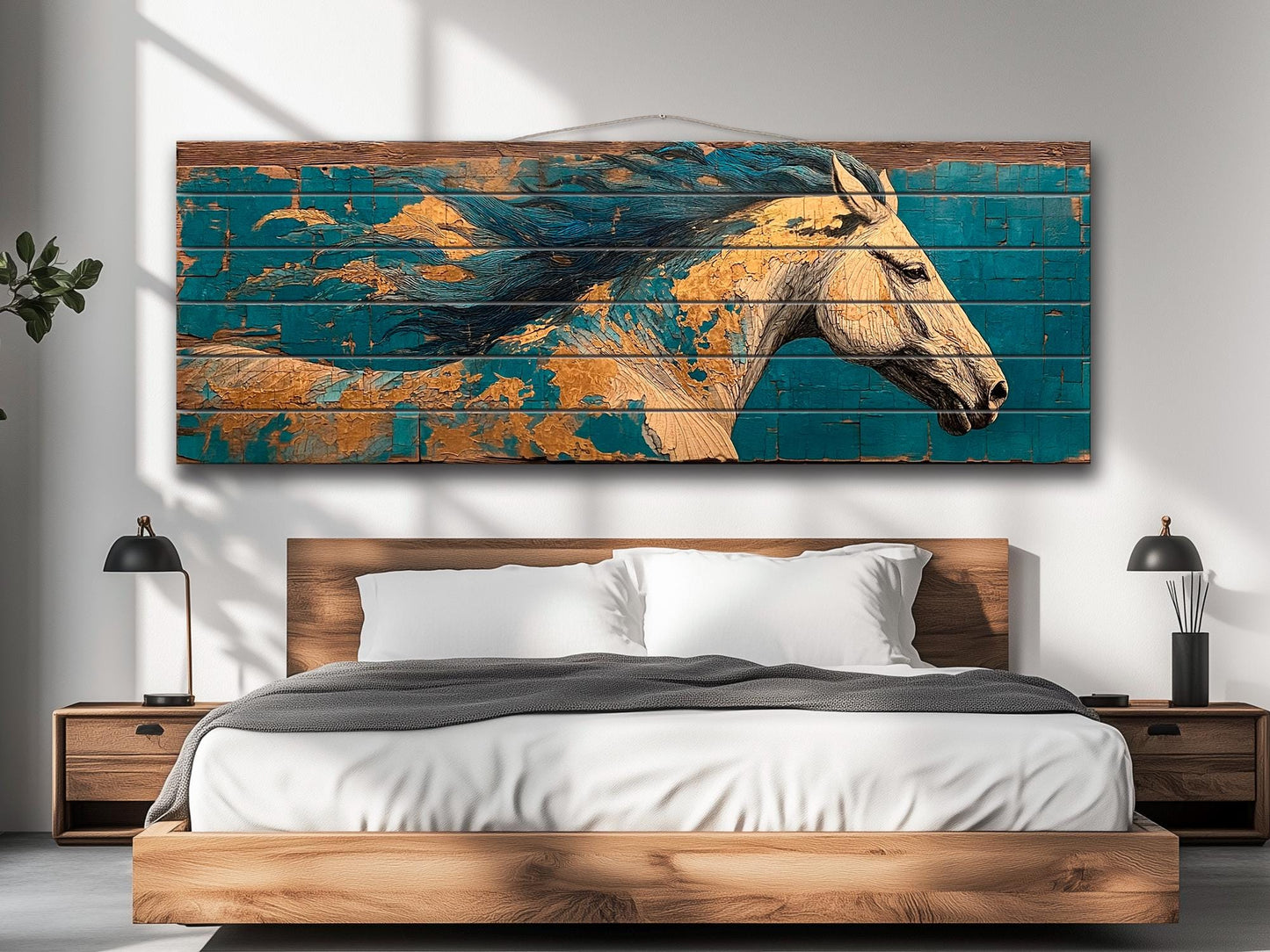 Wood Wall Art - Galloping Horse Painting | Rustic Wood Art With Natural Grain Texture
