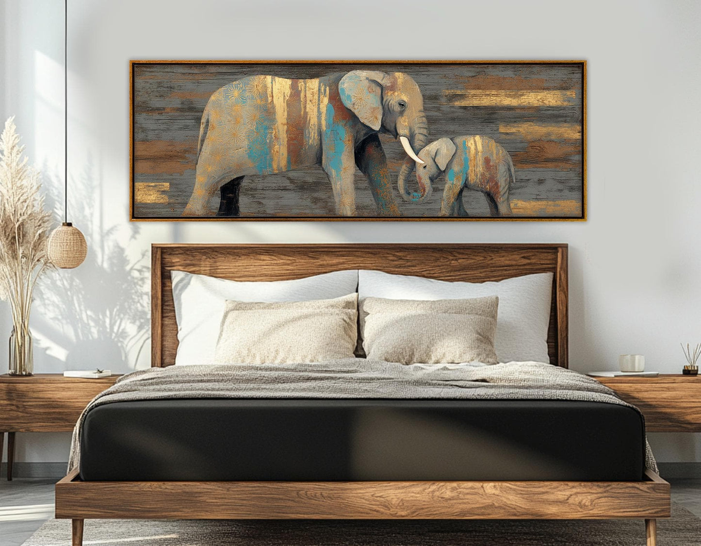 Elephants Wall Art – Rustic Mother Elephant Canvas Print | Ready to Hang Framed Decor