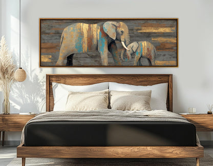 Elephants Wall Art – Rustic Mother Elephant Canvas Print | Ready to Hang Framed Decor