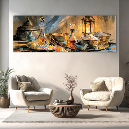 a cozy living room with two white armchairs and a wooden coffee table, surrounded by various decorative items such as vases, bowls, and a potted plant.