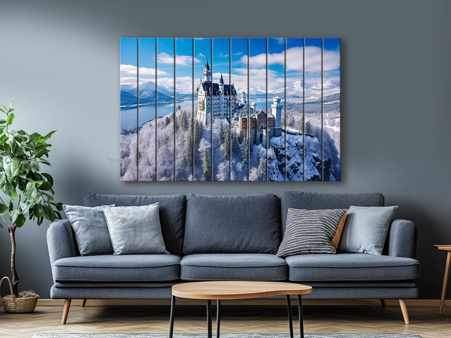 Neuschwanstein Castle Painting – Winter Castle Wall Art on Natural Wood Planks