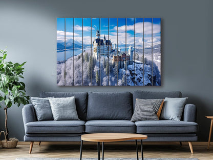 Neuschwanstein Castle Painting – Winter Castle Wall Art on Natural Wood Planks