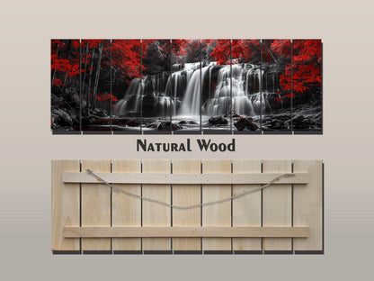 Wood Wall Art – Abstract Black White Waterfall Red Forest Print on Natural Wood