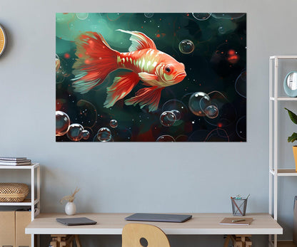 Gold Fish Wall Art – Abstract Fish Painting on Gallery Wrapped Canvas, Ready to Hang
