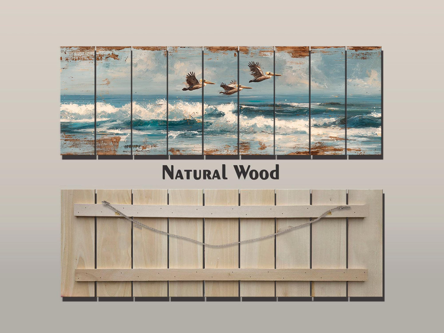 Pelicans Print Wood - Coastal Wall Art With Ocean Waves Painting & Sky Reflection