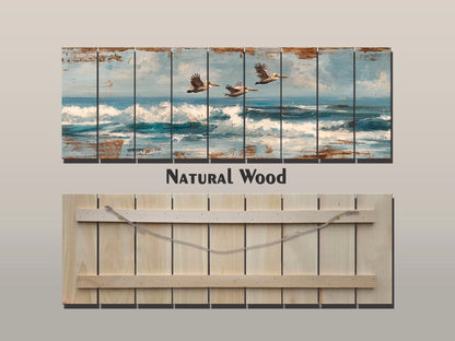 Pelicans Print Wood - Coastal Wall Art With Ocean Waves Painting & Sky Reflection