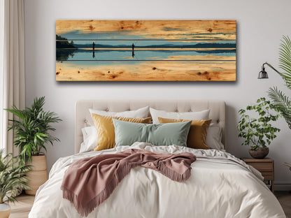 Fly Fishing Lake Print – Rustic Wood Wall Art, Panoramic Cabin Decor