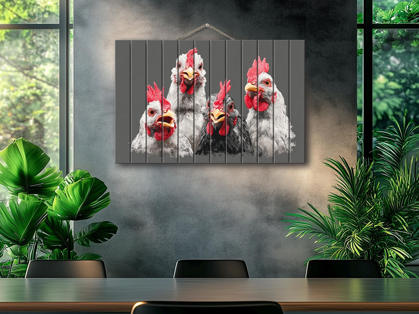 Happy Chickens Wood Print – Rustic Farmhouse Wall Art | Wood Plank Artwork