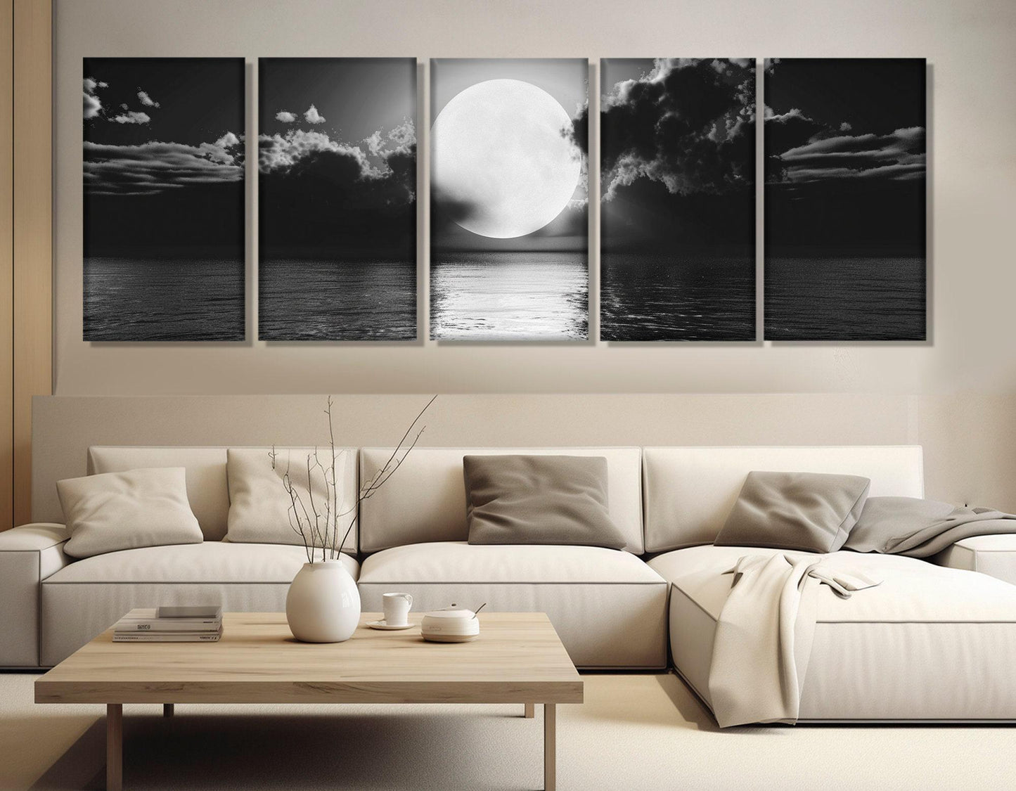 Moon Canvas Print – Scenic Moon Over Sea | Black And White Art | Ready To Hang