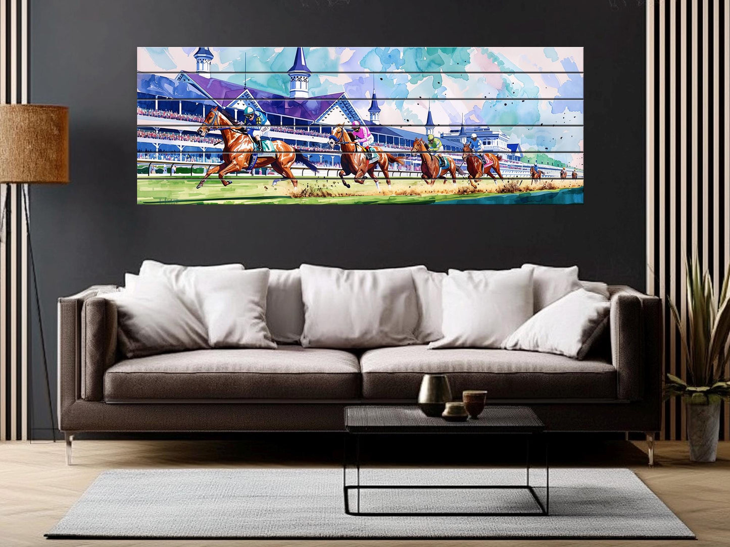 Horse Racing Wall Art – Rustic Natural Wood Print | Vibrant Outdoor Sports Decor