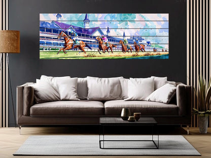 Horse Racing Wall Art – Rustic Natural Wood Print | Vibrant Outdoor Sports Decor