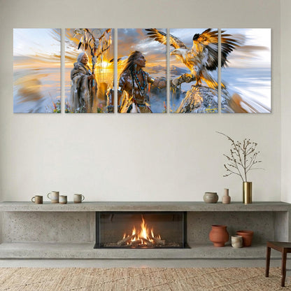 a modern living room with a fireplace, a large wall art depicting a Native American scene with a bird, and various decorative elements such as vases and a potted plant.