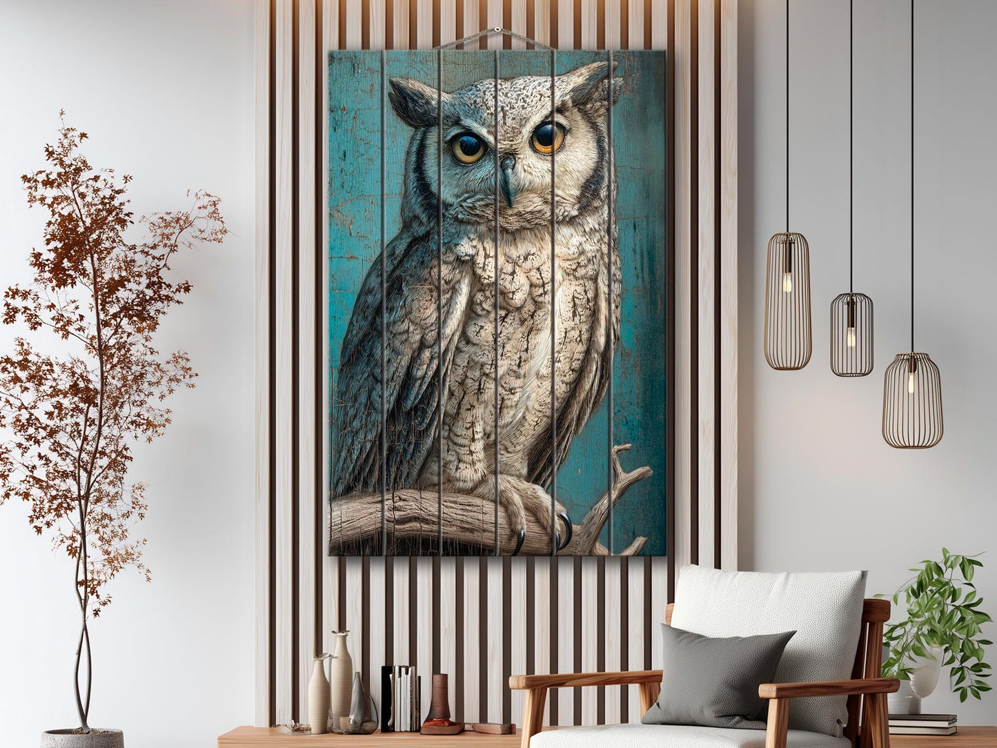 Wood Wall Art – Piercing Owl Wood Print on Linden Planks | Rustic Farmhouse Decor