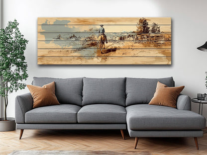 Cowboy Wall Art – Lone Rider Prairie Painting on Rustic Wood Print