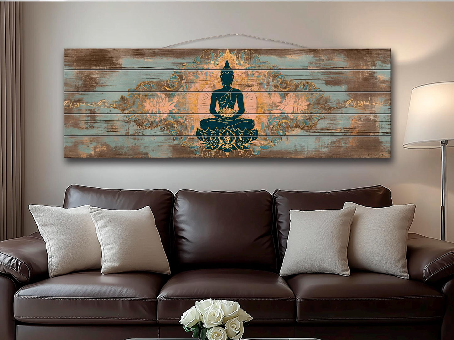 Wood Wall Art - Peaceful Buddha Print on Natural Wood, Buddhist Wall Art, Large Buddha Painting, Buddhist Gift, Rustic Buddhist Wall Decor