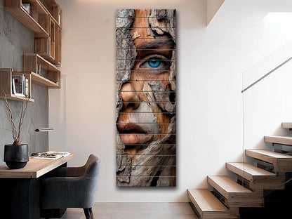 Beautiful Woman Face Print on Wood – Carved Bark Wall Art, Rustic Wall Decor