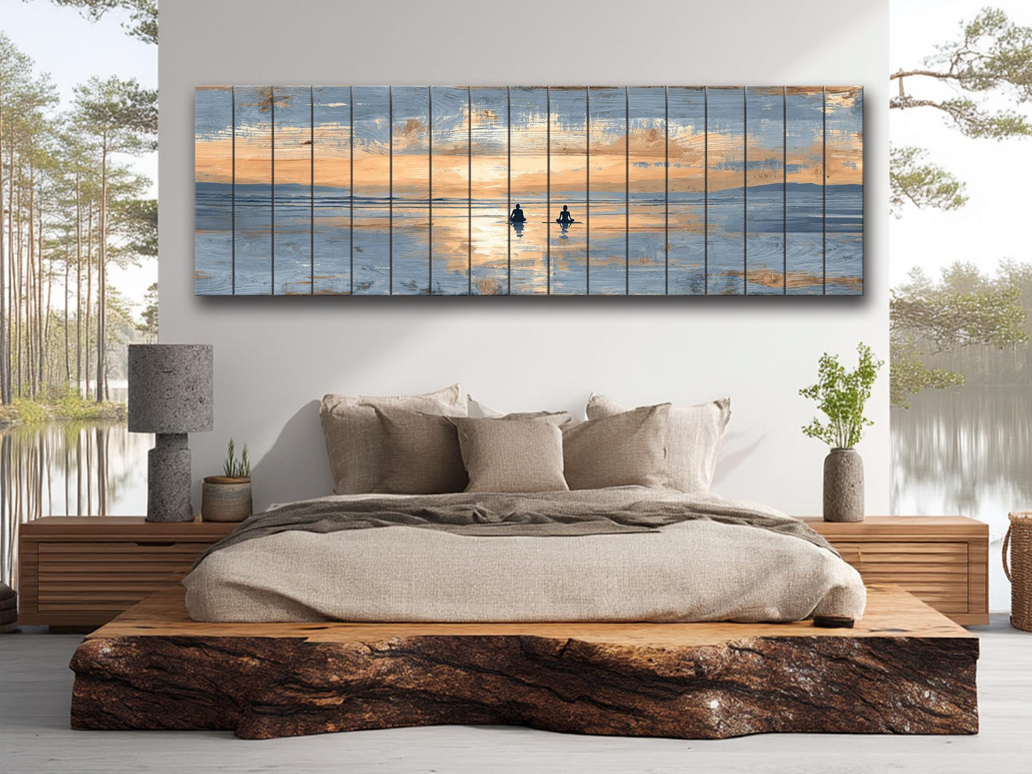 Sunrise Beach Yoga Print – Natural Wood Wall Art | Coastal Yoga Decor