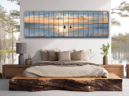Sunrise Beach Yoga Print – Natural Wood Wall Art | Coastal Yoga Decor