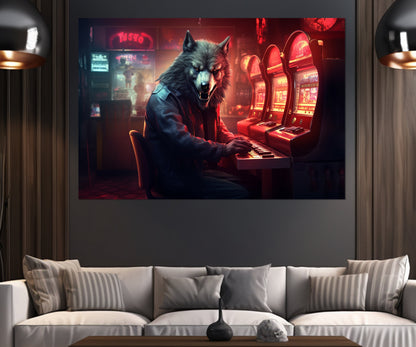 Wolf Canvas Print - Funny Angry Wolf Playing Slot Machines | Casino Wall Art Ready to Hang
