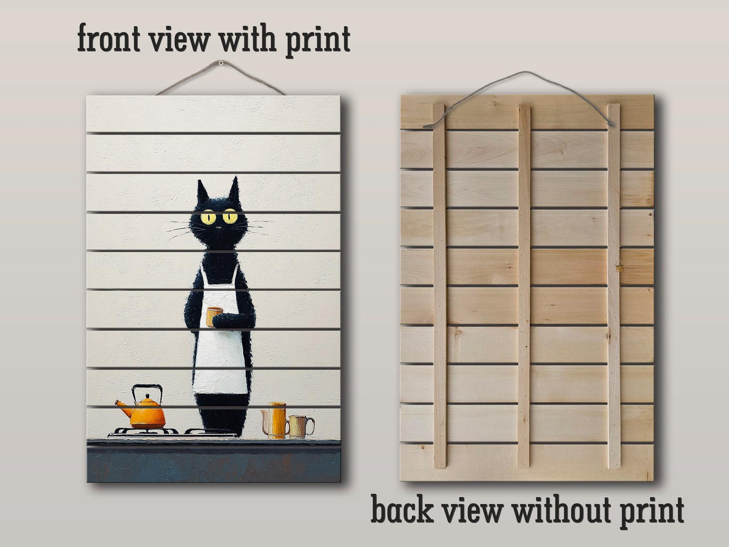 Black Cat Wall Art - Funny Cat Chef Poster | Minimalist Wood Print on Wood