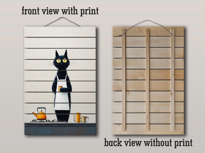 Black Cat Wall Art - Funny Cat Chef Poster | Minimalist Wood Print on Wood