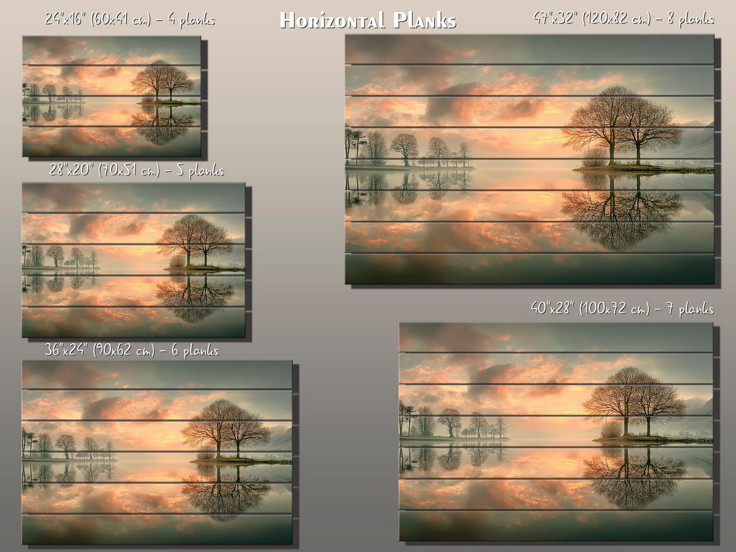 Sunset Lake Print on Wood, Trees Reflection Landscape, Rustic Nature Wall Decor