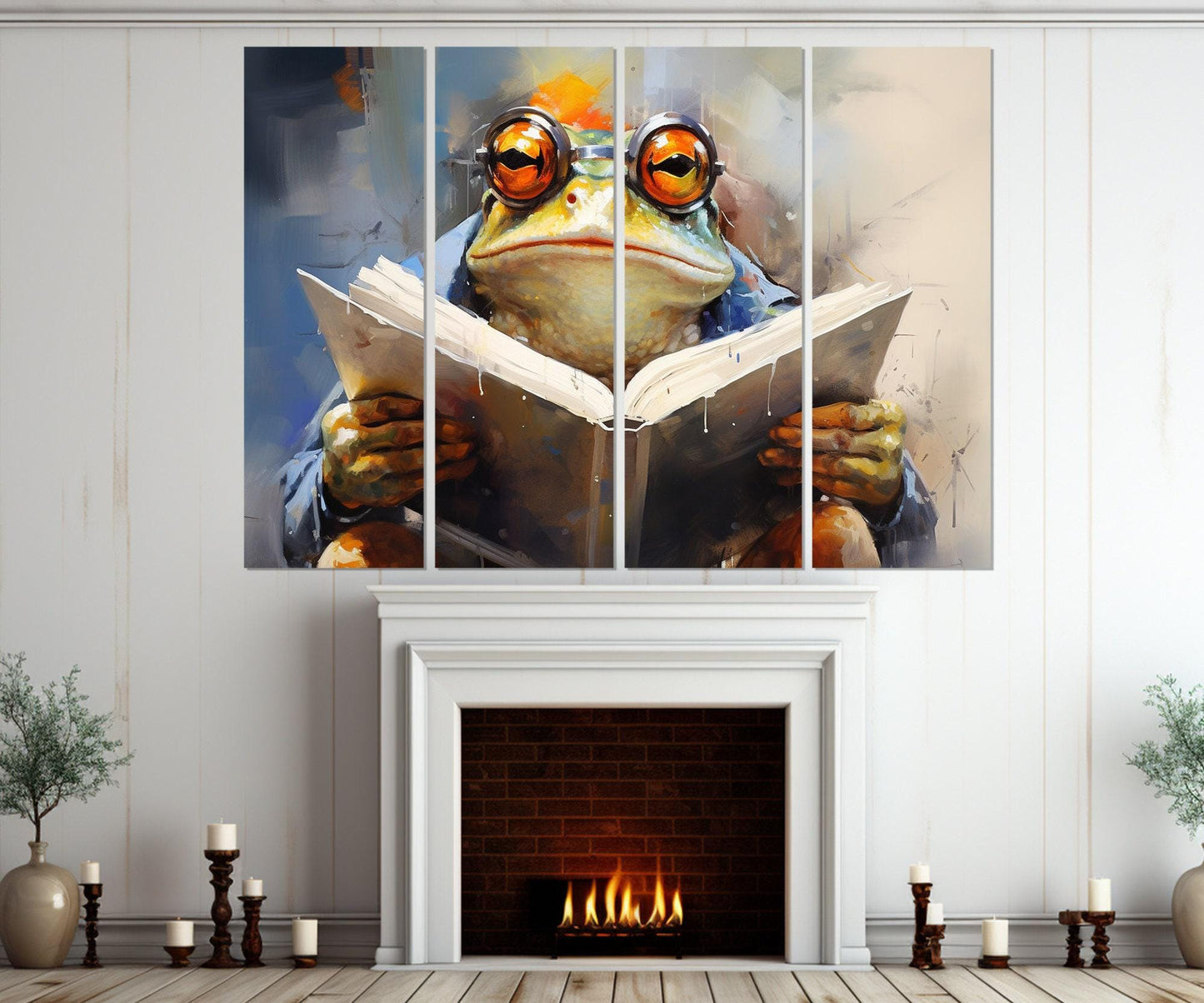 Frog in Glasses Reading Book Abstract Painting Canvas Print, Kids Room Decor, Nursery Wall Art, Framed and Ready to Hang