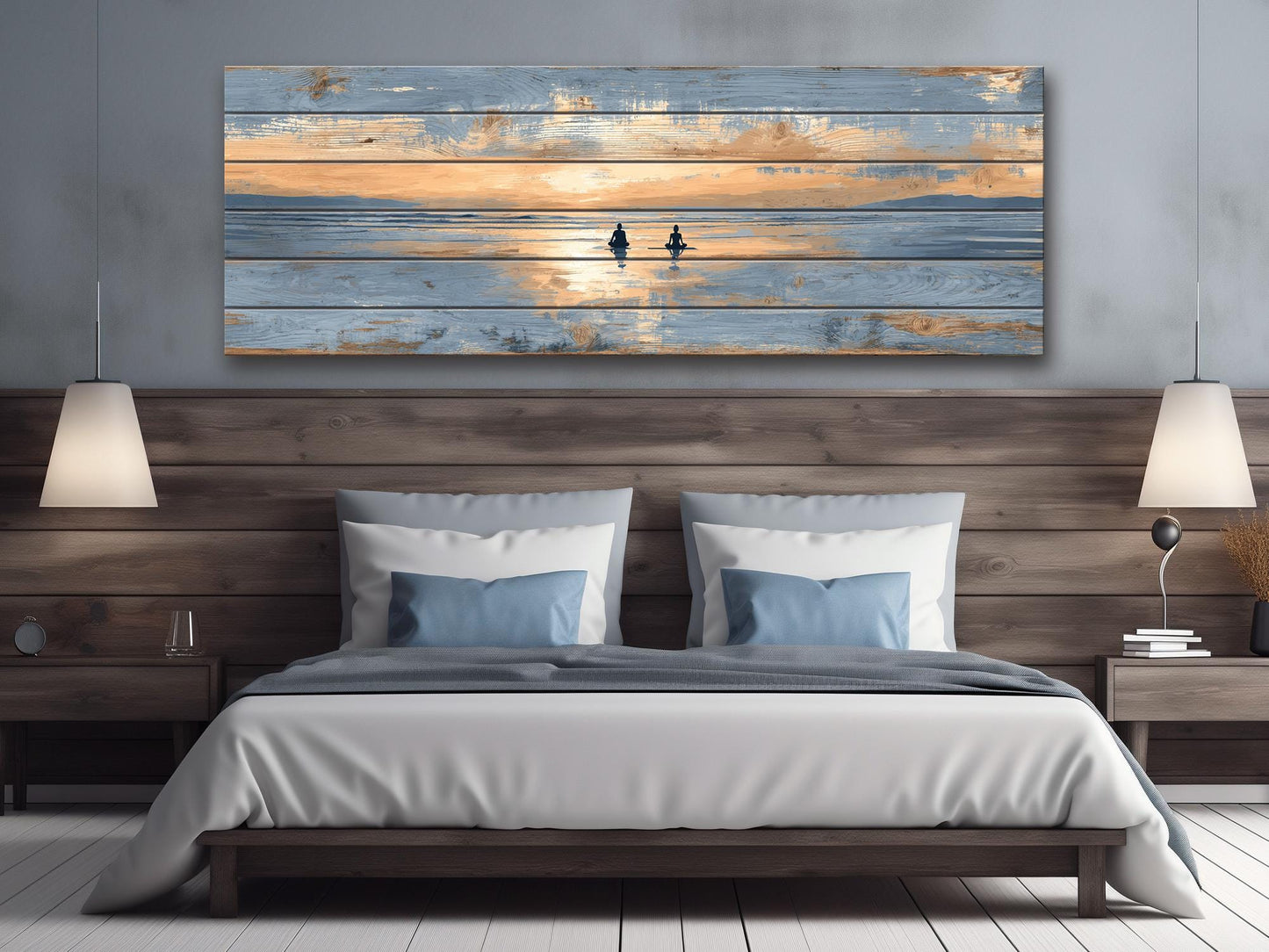 Sunrise Beach Yoga Print – Natural Wood Wall Art | Coastal Yoga Decor