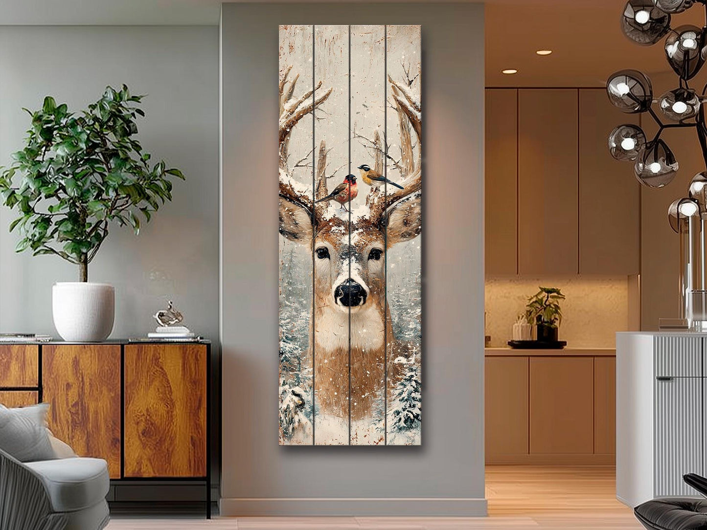 Deer Head Winter Print on Wood – Snowy Antlers Forest Scene, Rustic Wall Decor