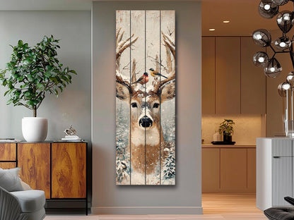 Deer Head Winter Print on Wood – Snowy Antlers Forest Scene, Rustic Wall Decor