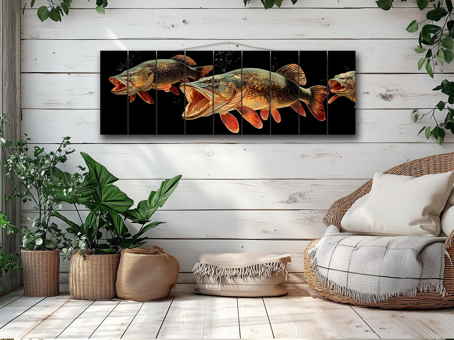 Pike Fish Wall Art | Rustic Fishing Decor – Predator Fish Artwork on Natural Wood Print