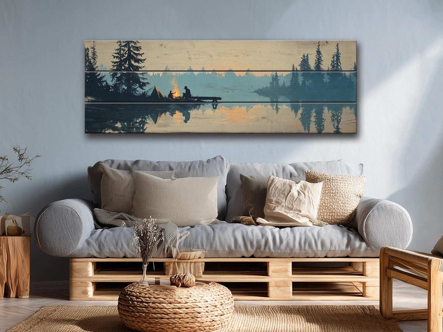 Campfire Print on Wood – Rustic Wood Decor with Mountain Lake and Warm Firelight