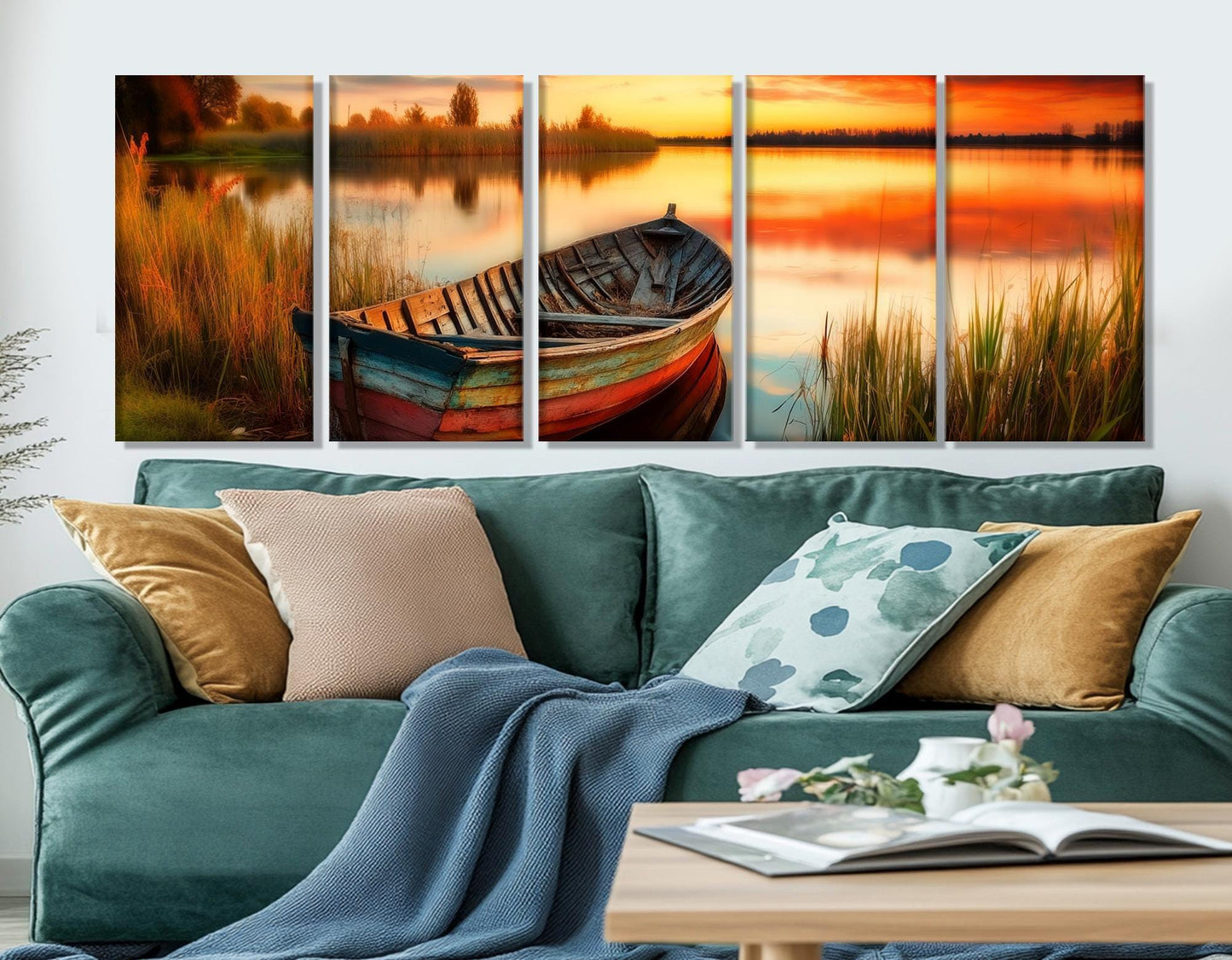 Wooden Boat Canvas Print – Scenic Sunset Lake Painting | Framed & Ready to Hang