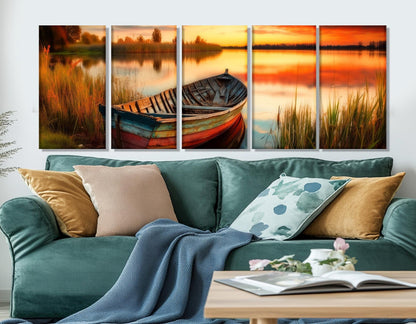 Wooden Boat Canvas Print – Scenic Sunset Lake Painting | Framed & Ready to Hang