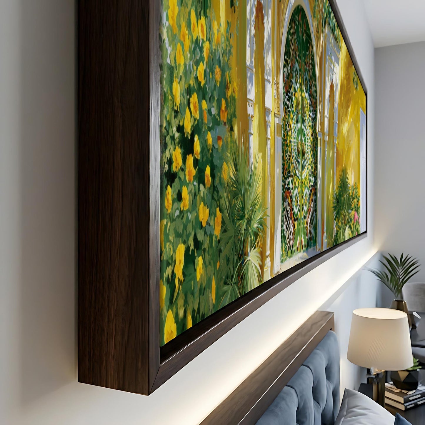 a large, framed painting depicting a vibrant garden scene with yellow flowers and lush greenery.