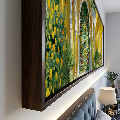 a large, framed painting depicting a vibrant garden scene with yellow flowers and lush greenery.