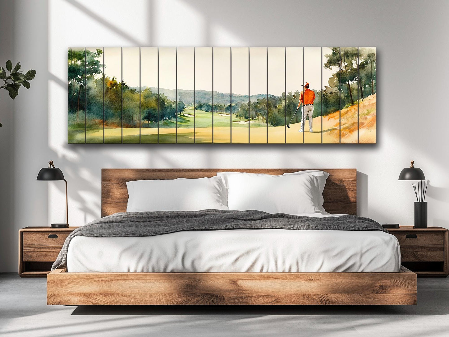 Golf Player Wall Art – Abstract Sports Painting on Natural Wood Print