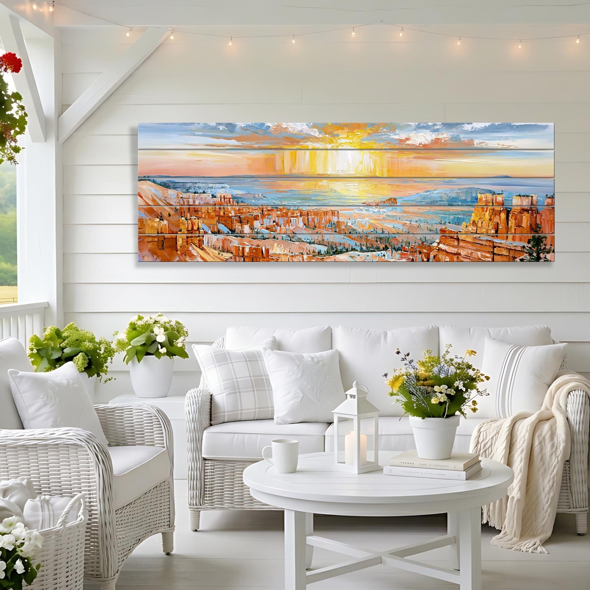 a cozy living room with a large, colorful painting of a sunset over a cityscape hanging on the wall. The room is furnished with a white sofa, wicker chairs, and a coffee table with a vase of flowers. The overall atmosphere is warm and inviting, with the painting adding a touch of nature and beauty to the space.