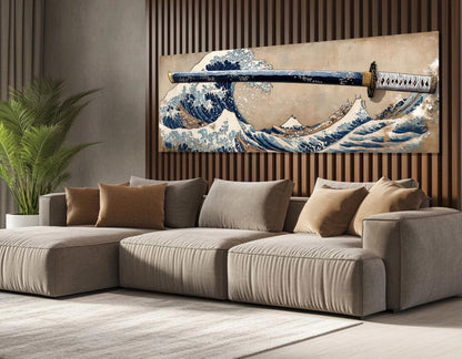 Japanese Wall Art - The Great Wave Off Kanagawa & Samurai Sword Framed Canvas Print