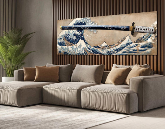 Japanese Wall Art - The Great Wave Off Kanagawa & Samurai Sword Framed Canvas Print
