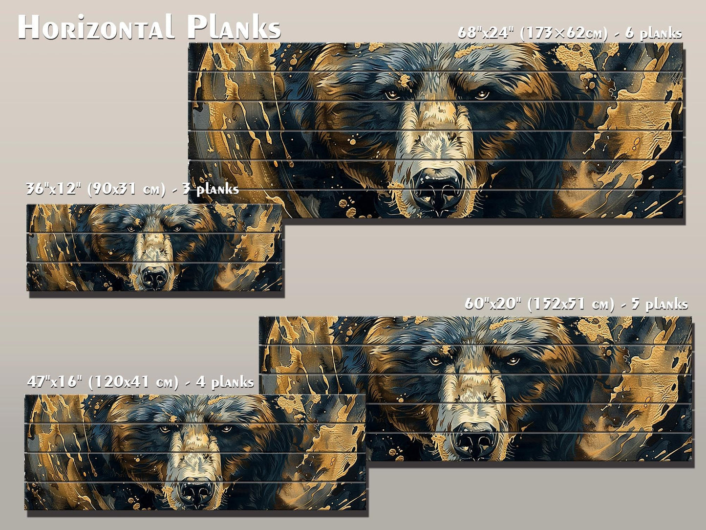 Black Gold Wood Art – Natural Wood Print with Abstract Black and Gold Bears
