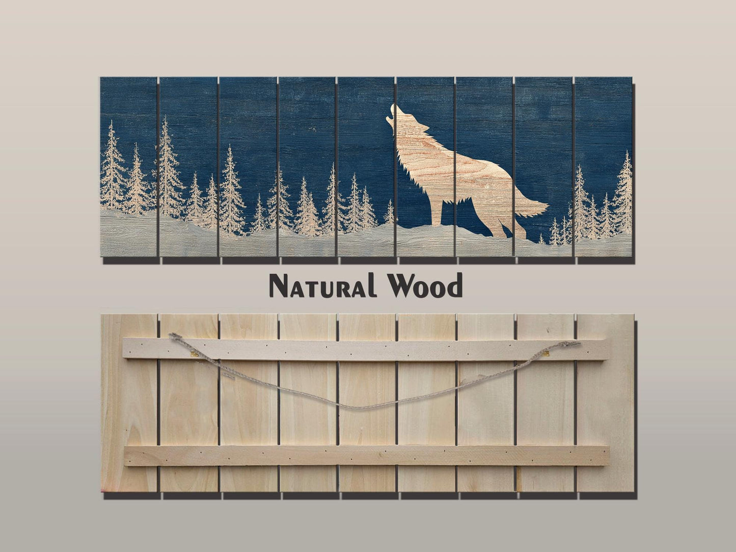 Wolf Silhouette in Snowy Forest Print on Natural Wood, Rustic Howling Wolf Wall Art