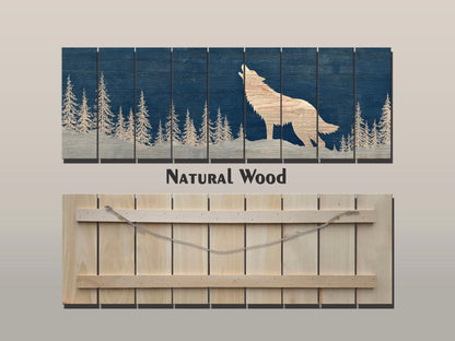 Wolf Silhouette in Snowy Forest Print on Natural Wood, Rustic Howling Wolf Wall Art