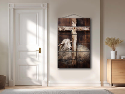Religious Wall Art - Lamb And Cross Print | Natural Wood Decor - UV Printed Wood